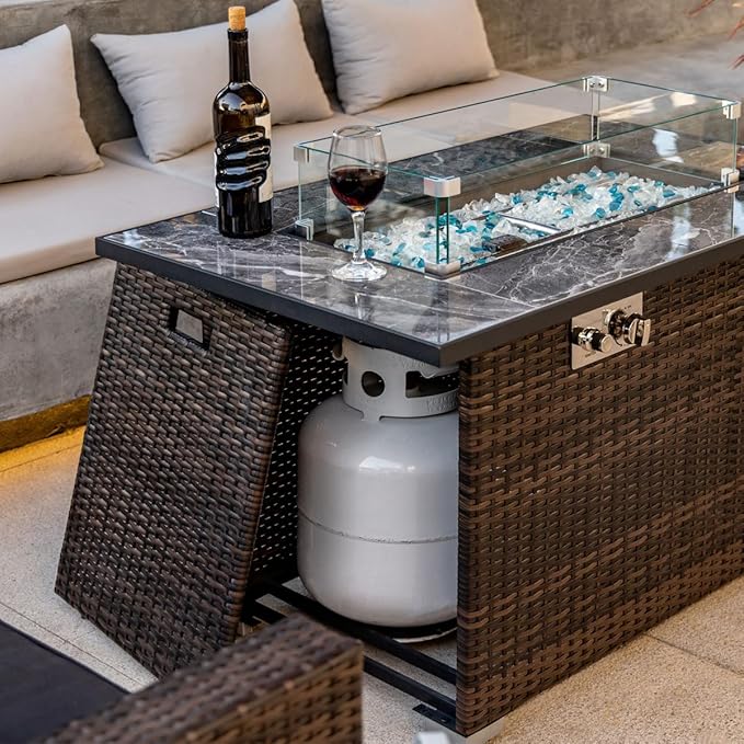 44in Outdoor Propane Gas Fire Pit Table 50000 BTU Auto-Ignition Gas Firepit with Glass Wind Guard Marble Tile Tabletop Mixed Color Glass Rocks Brown PE Rattan