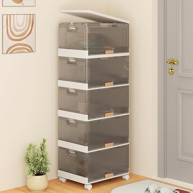 Giantex 5 Tier Stackable Storage Bins with Lids 22.5 Gal Foldable Shoe Storage Box with Detachable Wheels &amp Flip-Up Doors Collapsible Closet Organizers and Storage Bins