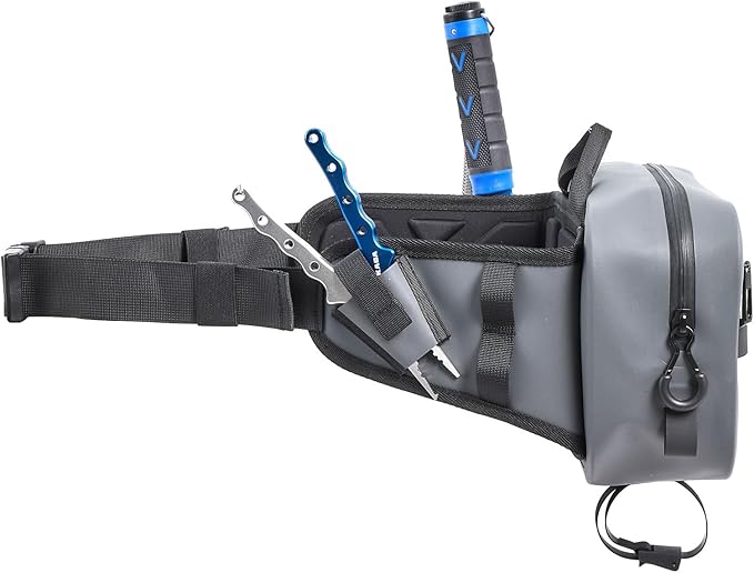 Waterproof Fishing Waist Bag with Rod Holder Padded Waist Straps &amp Gear Loops - Submersible Zipper Rugged Top Handle Adjustable Attachments (Gray)