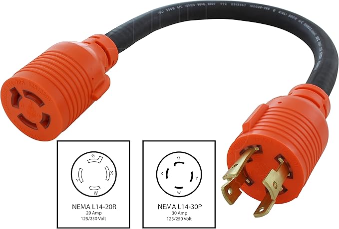 AC WORKS 30Amp 4 Prong 125/250Volt L14-30P Locking Plug to L14-20R 20Amp 4 Prong 125/250Volt Locking Female Generator Adapter (Flexible)