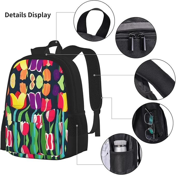 Colorful Tulips Backpack With Lunch Box 3 In 1 Set With Pencil Case Large Capacity Backpack With Chest Strap
