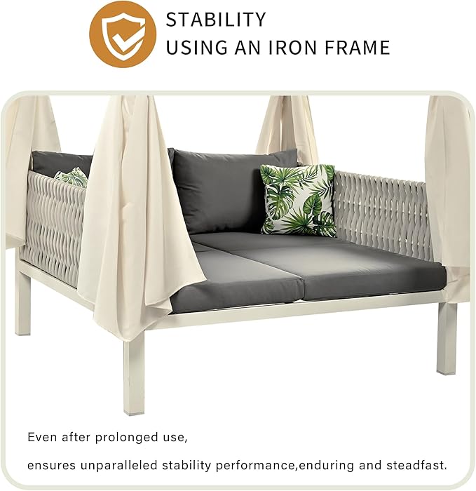 Polibi Outdoor Patio Sunbed with Beige CurtainsOutdoor Sun Lounger Bed with PillowsRubber Core Rope Weaving Outdoor Double Chaise Lounge Suitable for PoolGardenGray+Beige