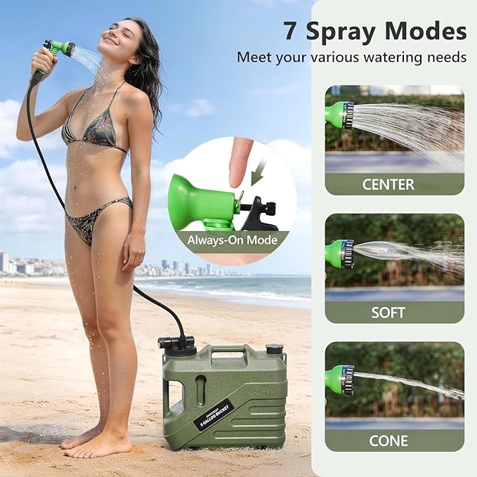 SPACEREST Integrated Camping Shower – Spill Resistant Electric Portable Shower for Camping with 5 Gallon Food-Grade Water Jug Easy to Store for Hiking Beach 7-Mode Shower Head IPX7 Waterproof