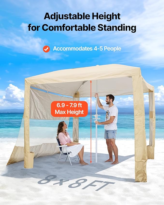 VEVOR Beach Cabana 8 x 8 ft Beach Canopy with Side Wall UPF 50+ Protection Easy Setup Cabana Tent with Sand Pockets Adjustable Height Portable Shade Sun Shelter Umbrella for Family &amp Friends K