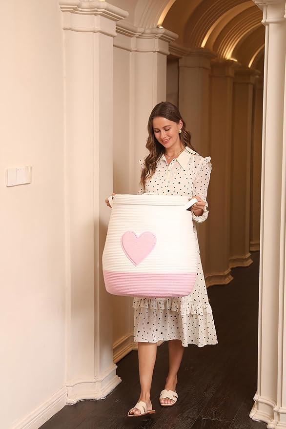 Cottonphant 20 x 20 Extra Large Cotton Rope Storage Basket with Lid – Flagon Design – Perfect for Clothes Blankets and Living Room Organization (Pink Heart 20x20)