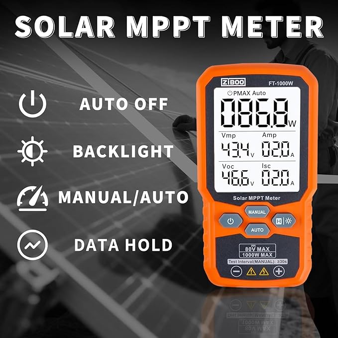 ZIBOO FT-1000W Solar Panel Tester MPPT Meter - 1000W Max Power 80V/35A PV Module Tester for Voc/Isc Open Circuit Voltage &amp Short Circuit Current with Backlight &amp Data Hold