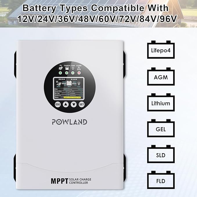 POWLAND 120A MPPT Solar Charge Controlle 12V/24V/36V/48V/60V/72V/84V/96V AutoMax Input 230V Solar Charger LCD Display Intelligent Regulator for AGM Gel Lithium ect