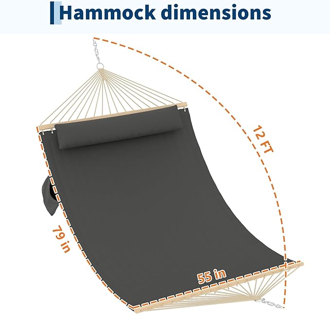 Hammocks 12 FT Double Quilted Fabric Hammock with Spreader Bar and Detachable Pillow 2 Person Hammock for Outdoor Patio Backyard Poolside 450lbs Weight Capacity