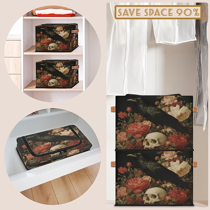 Halloween Raven Storage Bins with Lids Skull Floral Collapsible Cube Storage Basket with Leather Handle Foldable Storage Box with Lids for Organizing Home Closet
