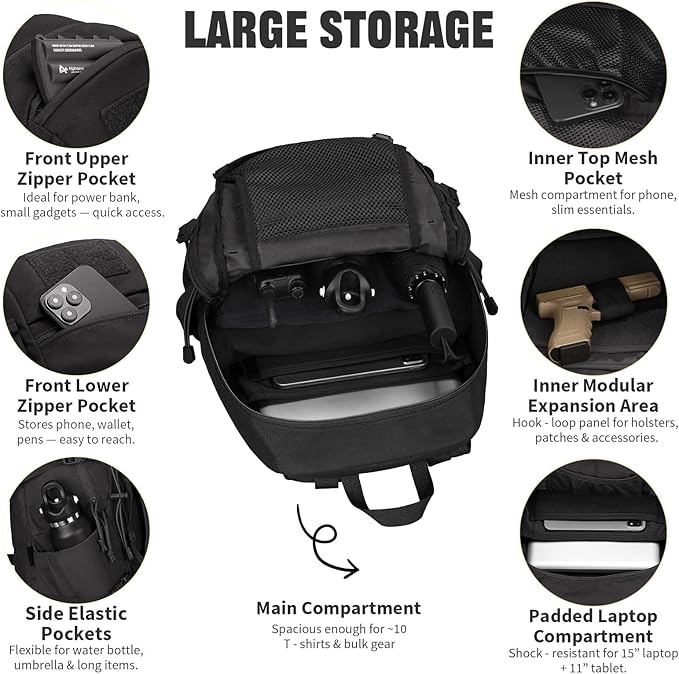 25L Tactical Backpack Small Hiking Backpack with Expandable MOLLE Front and Laptop Sleeve Biking Motorcycle Backpacks for Men