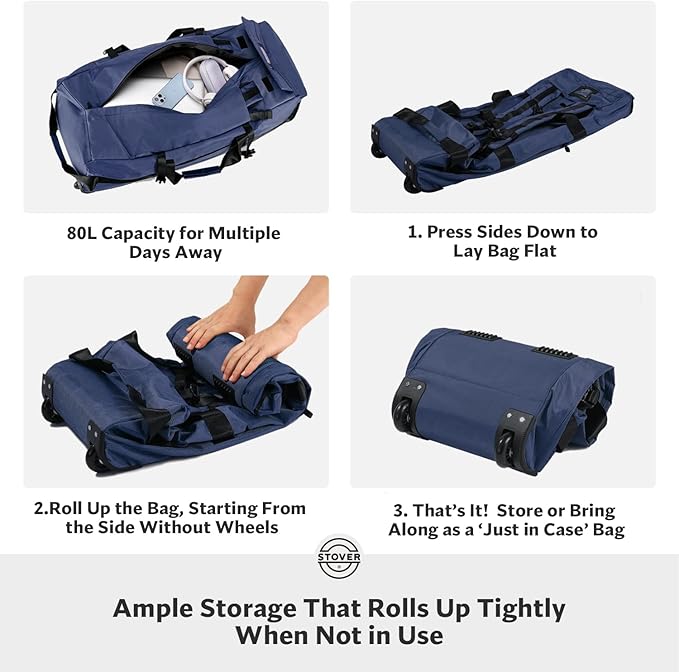 STOVER 45/80/100L Rolling Duffel Bag with Wheels Large Durable Travel Duffle + Toiletry Bag Heavy Duty Packable Foldable with Shoulder Straps- Use as Luggage or Backpack Men/Women (Blue)