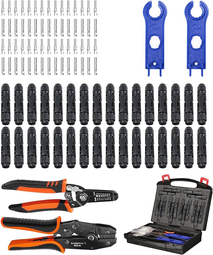 35PCS Solar Crimper Tool Kit Solar Panel Cable MC4 Connectors 14-10AWG 30 Pairs Male/Female Solar Connectors 1PCS Solar Crimper 1PCS Stripper 2 PCS Spanner Wrench
