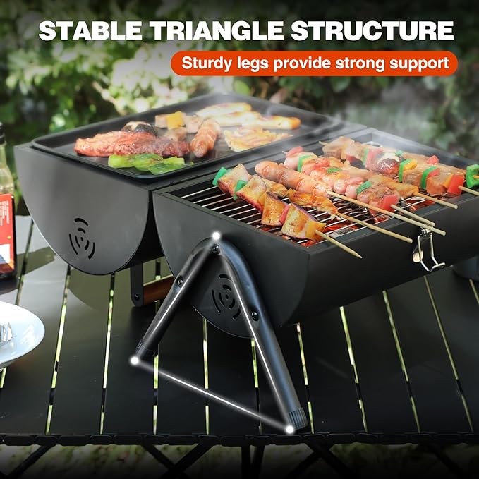 REDCAMP Portable Charcoal Grill with Thermometer Heavy-Duty Thick Steel &amp Foldable Design Compact Small Tabletop Barbecue Grillfor Camping Backyard Beach - Easy Assembly Dual Grilling Zones