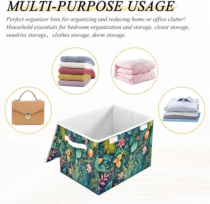 File Organizer Box Lush Greenery Floral Storage Bin with Lid Foldable Baskets for Office Document Storage 11.8x12.6 x16.5
