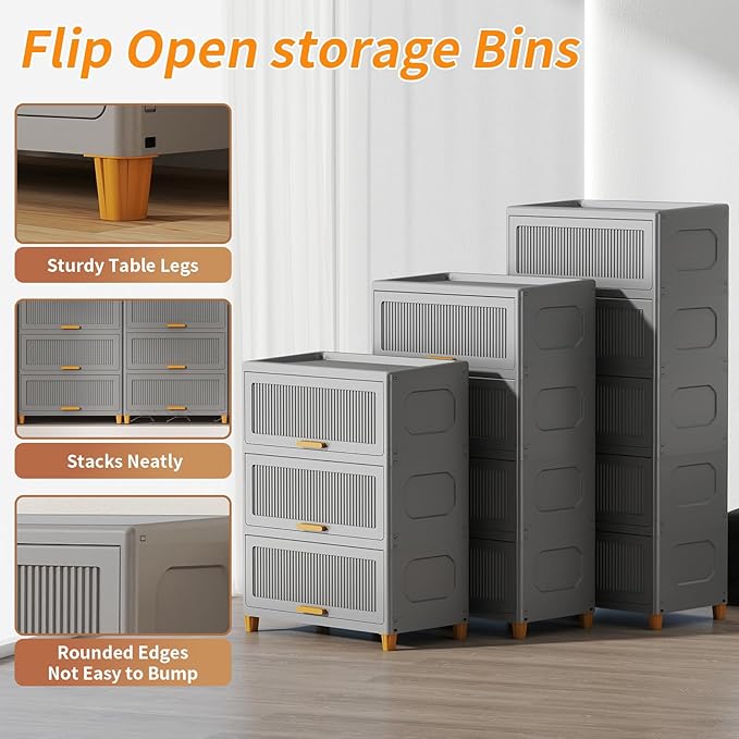 3 Tier Large Storage Bins with 1 Lid 157QT Closet Organizers and Storage Drawers Flip Open Large Plastic Storage Containers for Living Room Office Dorm (3 Tiers)
