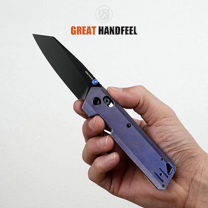Vosteed Parallel Ultra Thin Folding Pocket Knife - 2.90 S35VN Black Stonewash Blade Reverse Tanto - Crossbar Lock Purple Titanium Handle - Hiking Camping Knives - A3518