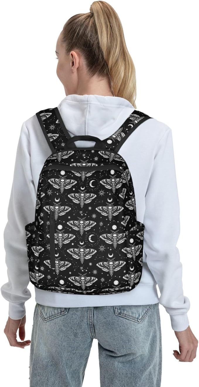 Unisex Backpack Casual Rucksack Big Capacity gothic moth skull sun moon black and white Bookbag with Padded Straps Anti Theft Rucksack for Travel Hiking Camping