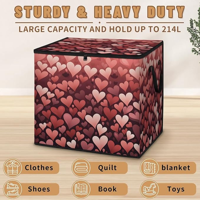 XL Large Clothes Storage with Lid Handle Valentine's Day Heart Large Thick Clothes Blanket Storage Containers for Organizing