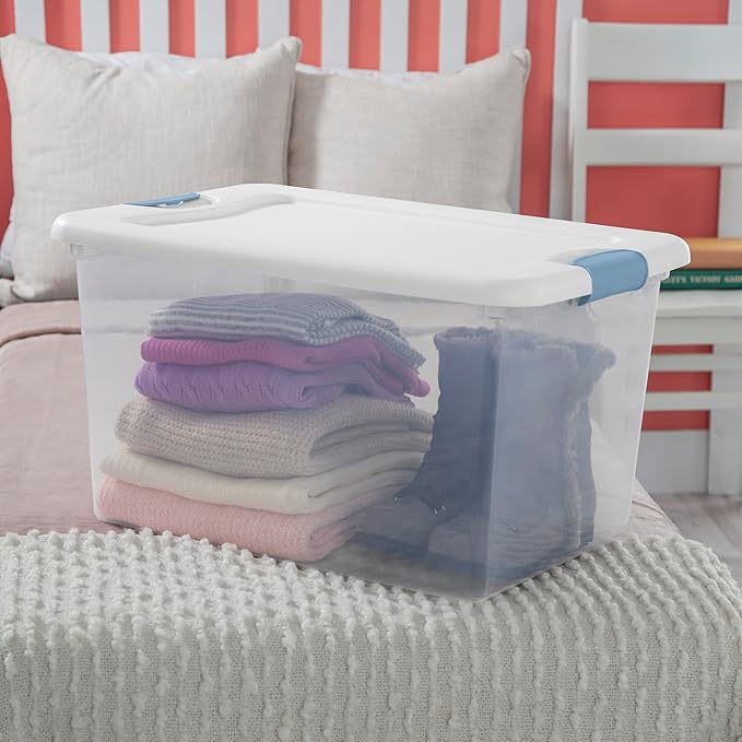 Sterilite 12 Pack Latching Box Under Bed Storage Bins with Lids Clear Plastic 64 Quart - Heavy-Duty Organizing Containers for Closet Bathroom and Office