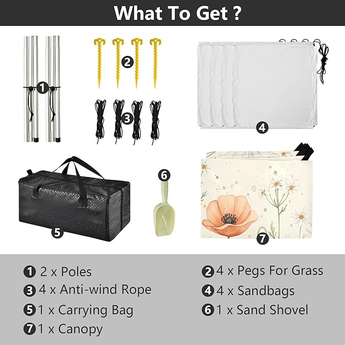 Wildflowers Beach Canopy Sun Shelter with Sandbags &amp Sand Shovel &amp Windproof Ropes - Portable 110x126 Beach Shade Beach Tent for Camping Picnics