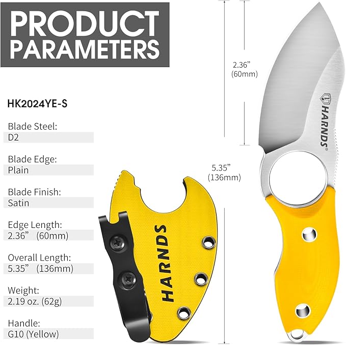 Harnds Small Fixed Blade Knife Full Tang Neck Camping Knife EDC with D2 Steel Blade and G10 Handle for Fishing and Skinning Eggplant
