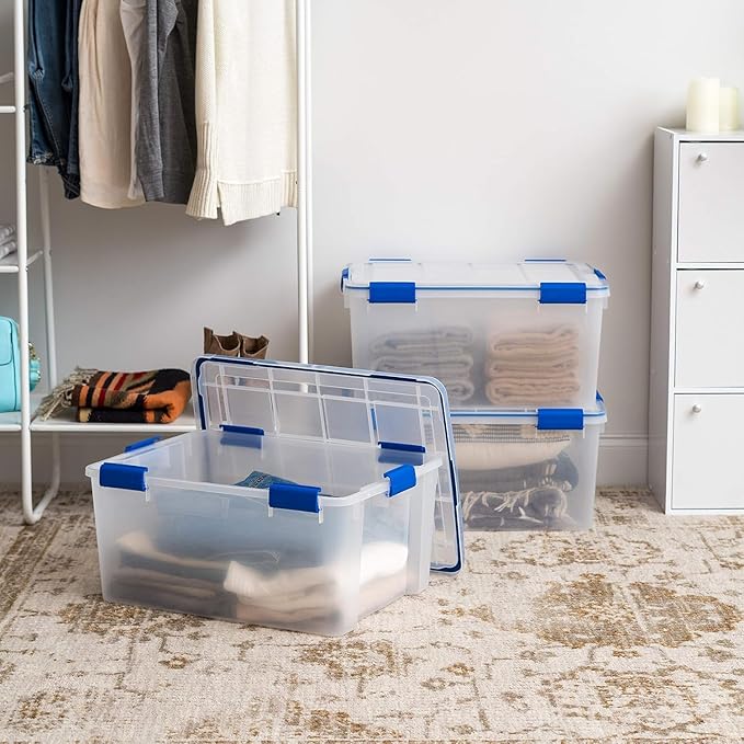 IRIS USA WeatherPro 60 Qt Storage Bins with Lids 3 Pack BPA-Free Plastic Gasket Box with Tight Latch and Seal Stackable Nestable Tote Tub - Clear/Blue