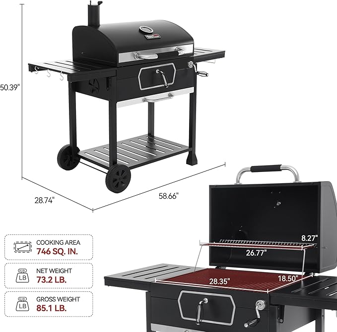 Royal Gourmet CD2030AC Deluxe 30-Inch Charcoal Grill with Cover Large BBQ Grill with Collapsible Side Tables for Outdoor Picnic Camping Patio Backyard Cooking Black