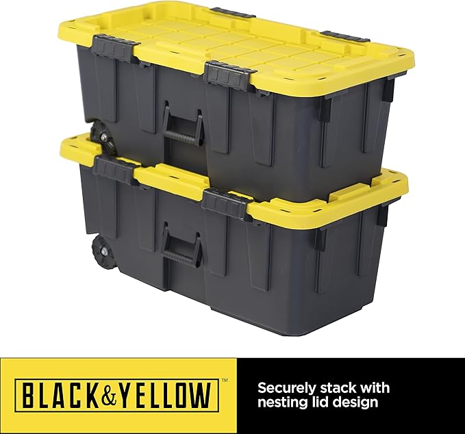 CX BLACK &amp YELLOW 20-Gallon Heavy Duty Tough Storage Footlocker &amp Snap-Tight Lid (13.4H x 18.2W x 32.3D) Weather-Resistant Design and Stackable Organization Tote [2 Pack]