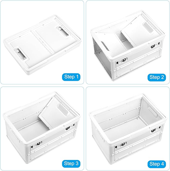 PATIKIL Collapsible Storage Bins with Lids and Handle 1 Pcs 30L 8Gal Plastic Camping Storage Box Stackable Side Opening Organizer Basket for Car Rv Office Home White