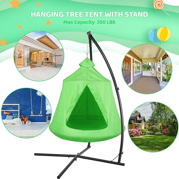 Arlopu Hanging Hammock X-Stand w/Tree Tent Indoor Metal Swing Chair Stand w/Play Tent Outdoor Egg Basket Patio Seat w/Support Stand Porch Bedroom Balcony Chair w/Adjustable Solid Stand (Green)