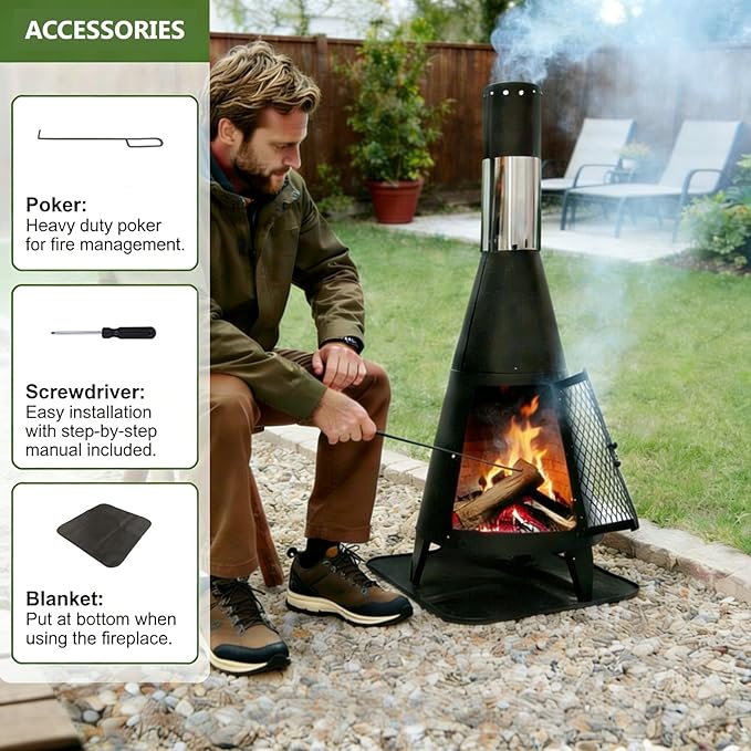 Chiminea Outdoor Fireplace for Patio with Fire Mat and Poker 3.6ft Small Chimneas Portable for Backyard Deck Camping and Beach chiminea fire Pit