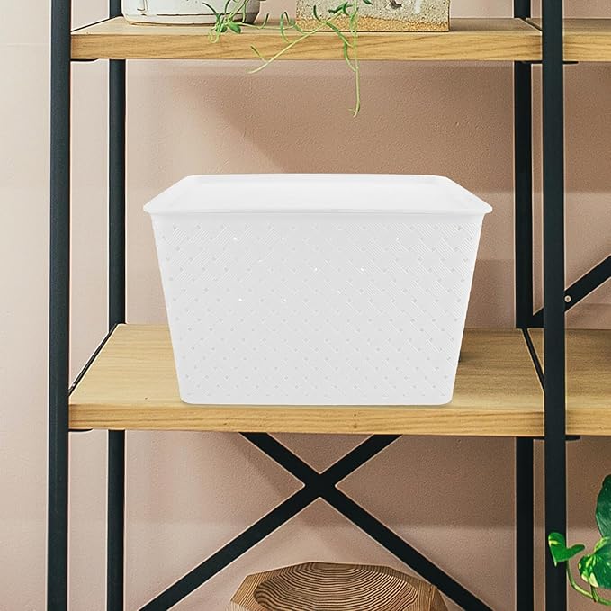 Unomor Plastic Storage Bins Large Woven Plastic Organizer with Handle and Lid Multi-purpose Storage Basket for Pantry Closet Office Classroom and Playroom Organization