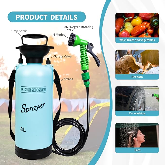 2.1 Gallon Portable Shower for Camping with 7 Spray Modes Camping Shower for Beach Shower Car Shower Hand Press with Removable Hose and Shower Head (Blue)
