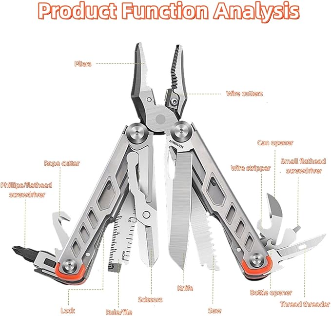 17-in-1 multi-purpose tool pliers multi-purpose EDC tool upgraded stainless steel multi-tool gift for men repair wilderness survival and camping gear hunting and hiking utility knife (silver)