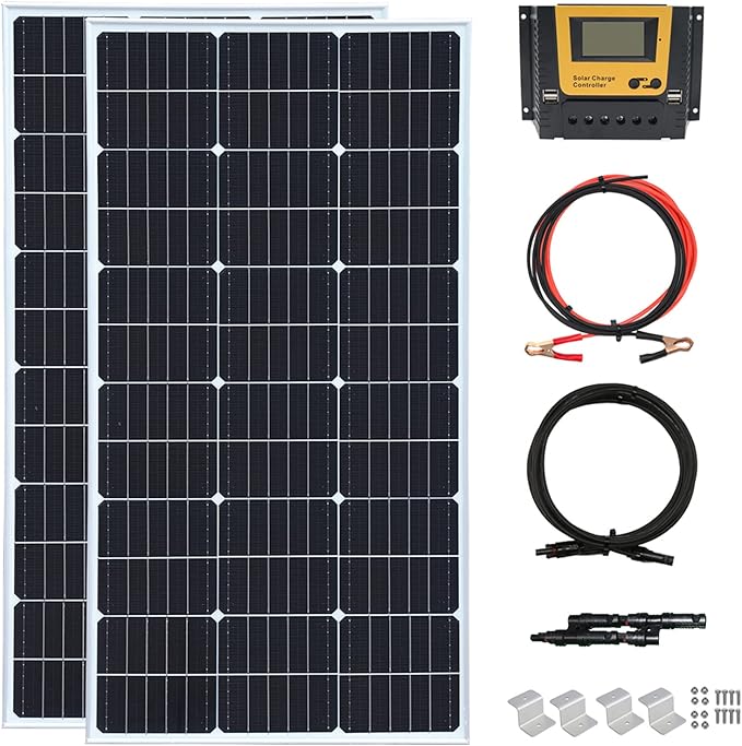 200 Watt 12Volt/24Volt Solar Panel Kit 2X100W Monocrystalline Module 20A Charge Controller for RV Boats Trailer CamperOff-Grid System (200W Solar Kit)