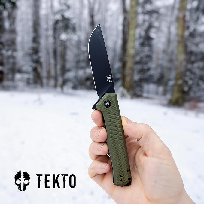 F1 Alpha Folding Pocket Knife - Modified Straight Back Blade Titanium Coated D2 Steel Ideal for Outdoor Camping and Backpacking Tactical G10 OD Green Handle Black Titanium Accents