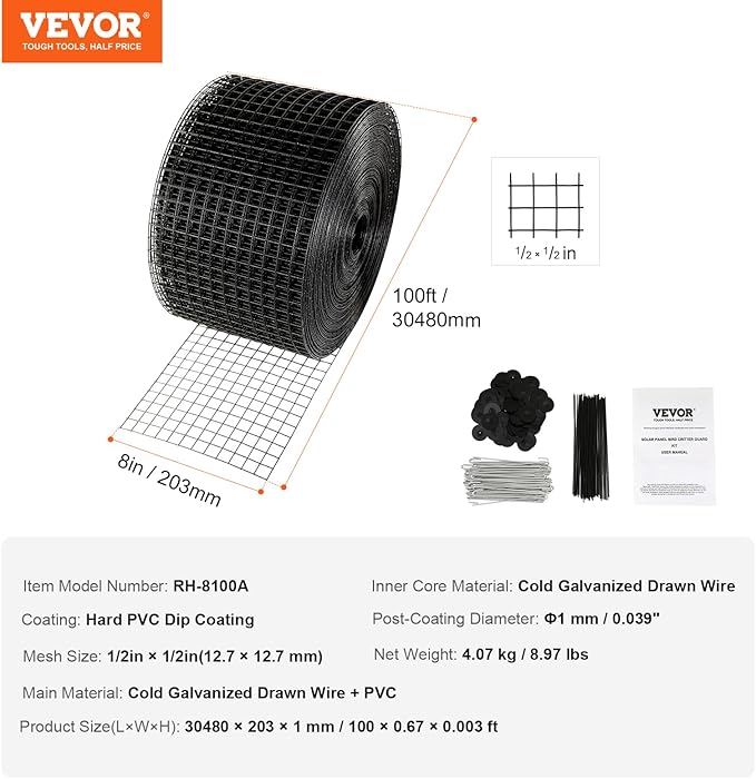 VEVOR 8 inch x 100ft Solar Panel Bird Guard Critter Guard Roll Kit with 70pcs Durable Metal Fasteners Solar Panel Guard with Rust-Proof PVC Coating 1/2 inch Wire Roll Mesh