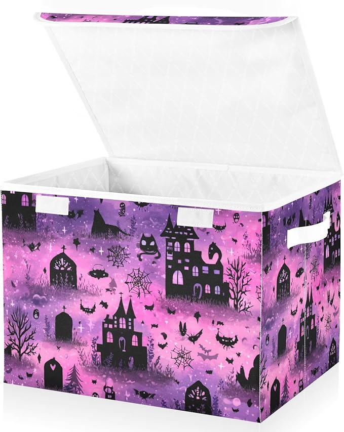 Pink Halloween Castles Cat Tombstones Storage Box with Lid 1 PC Foldable Storage Bin with Lids Stackable Storage Bins Cube Closet Organizer Basket with Flip-Top Lid &amp Handles for Shoes Books