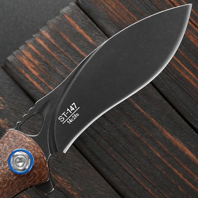 Sitivien ST147 Folding Pocket KnifeBlack Stonewashed 14C28N Steel Blade with Micarta Handle Utility Knife EDC Tool Knife for Outdoor CampingHikingHunting(Brown)