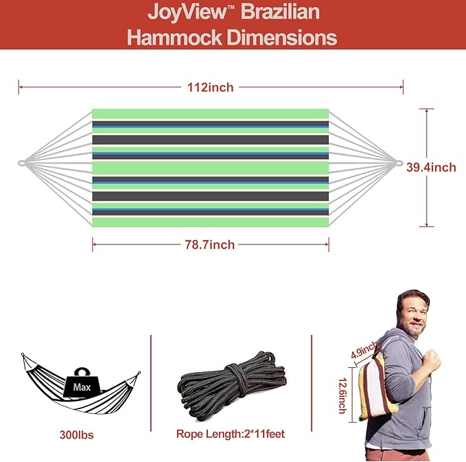 JoyView Brazilian Hammock for Single Preson - 78.8x39.4” Portable Cotton Hammock with Hanging Ropes &amp Carry Bag Large for Patio 300LBS Capacity Perfect for Outdoor/Indoor - Green/Black Stripe