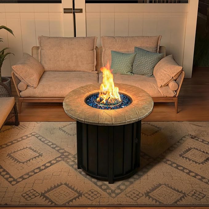 30 Inch Round Propane Fire Pit Table50000 BTU Outdoor Gas Firepit with Automatic Ignition &amp Lid CoverIron Steel Firepit for OutsidePatioDeckBackyard w Glass Stones &amp Rain Cover
