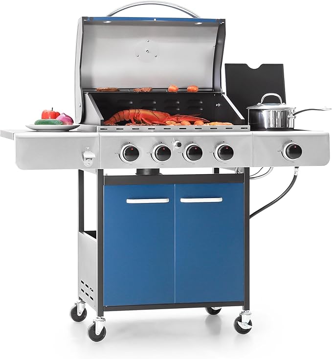 Captiva Designs 4-Burner Propane Gas BBQ Grill with Side Burner &amp Porcelain-Enameled Cast Iron Grates 42000 BTU Output Barbeque Grill for Outdoor Cooking Kitchen and Patio Backyard Barbecue Blu