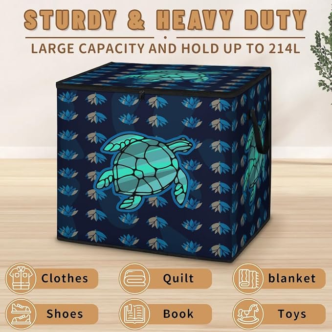 Large Sea Turtle Storage Bags with Lid XL Blanket Clothes Storage Bins Foldable Organizers Storage Containers with Handle for Comforters Bed Sheets Pillows Ocean Animal