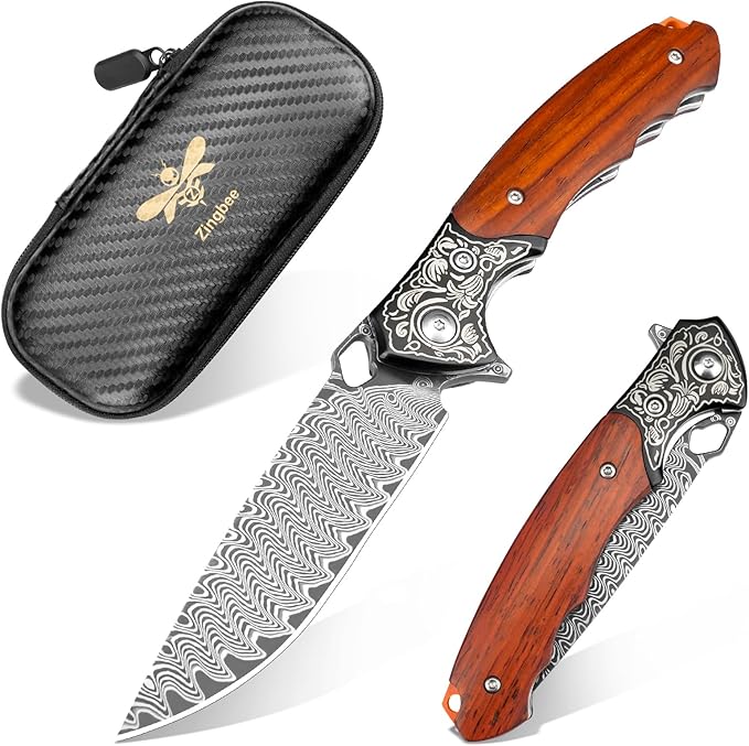 Zingbee Damascus Folding Knife 3.39 VG10 Core Damascus Steel Blade Pocket Knife for EDC Wood Handle Pocket Knives for Camping Survival Hunting