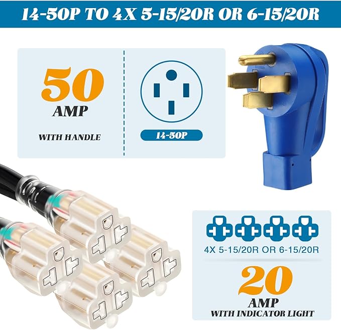 Kanayu 50A to 110V 15/20A RV Generator Adapter Cord Compatible with NEMA 14-50P to 4 x 5-15R/5-20R or 6-15/6-20R 4 Prong Generator Plug to 3 Prong 15/20Amp Household Regular Connector 2FT ETL Listed