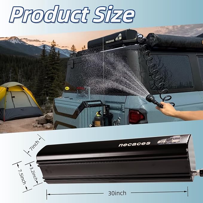 4.5-9 Gallon Pressurized Water TankPortable Aluminum Camping Shower Water Storage with Spray Hose for Overland Off-Road Vehicles Pick-up TrucksOutdoor Activities Water Supply.