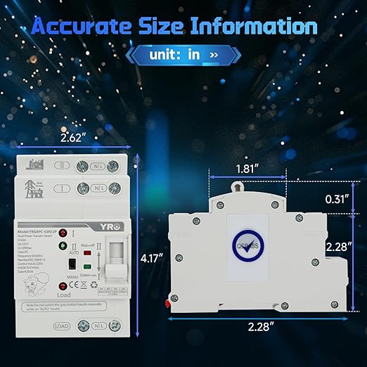 Mini ATS Automatic Transfer Switch 2P 63A 110V Dual Power Automatic/Manual Transfer Switch for Generator and Home Power Backup Fast Switching DIN Rail Mounted Changeover Switch AC 50/60Hz