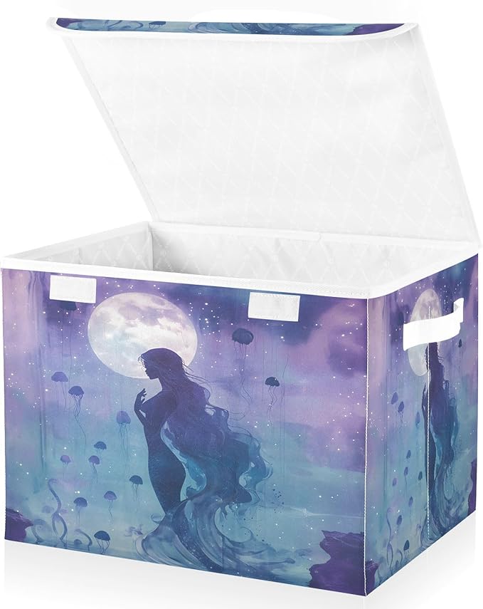 MNSRUU Containers Baskets with Lids Jellyfish Mermaid Moon Fabric Foldable Storage Bins Organizer with Lid Collapsible Storage Boxes for Home Bedroom Closet Office