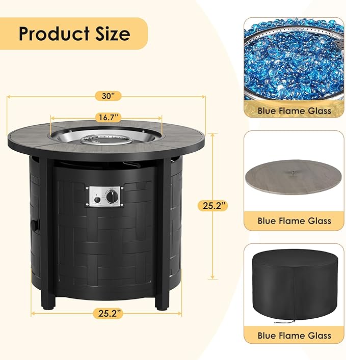 TLSUNNY 30in Propane Fire Pit Table 50000 BTU Auto-Ignition Outdoor Patio Fire Pit with Waterproof Cover Blue Fire Glass &amp Convertible Lid – CSA Certifiedfor Patio BalconyGarden Grey