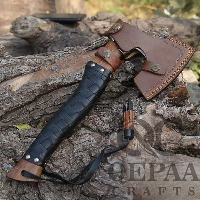 Qepaa Crafts®Russian Valknut Wood Viking Style Bearded Axe Tomahawk - Real Hatchet Best Gift for Anniversary Valentine's Day BirthdayLeather Sheath with Leather Wrap Handle Perfect Hand Grip (SFL)